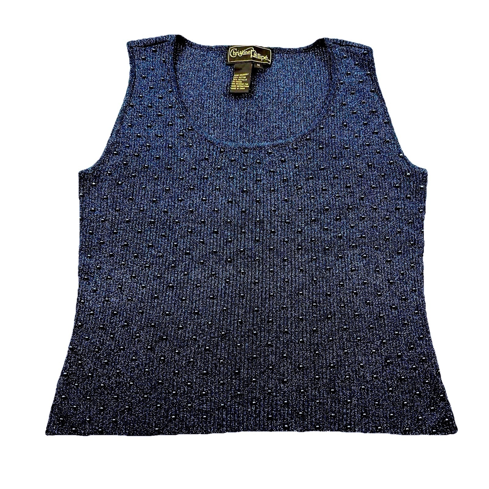 Vintage Christine Phillipe Metallic Ribbed Beaded Tank Top Women's M Blue